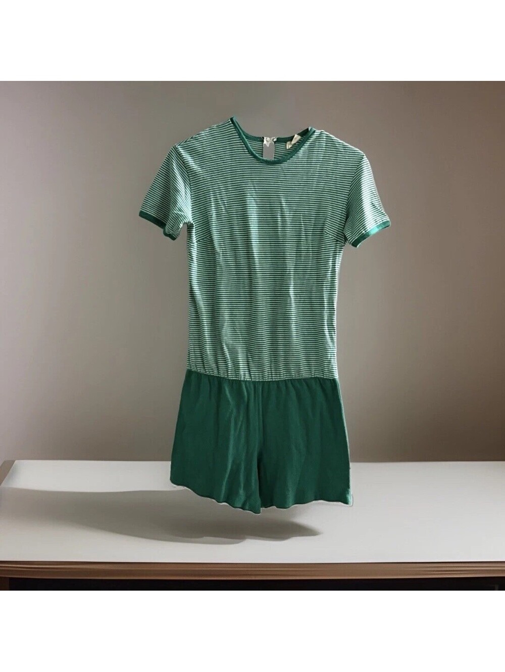 Vintage 1970s Girls PE Gym Uniform Romper Green Stripe School Playsuit 60s 70s